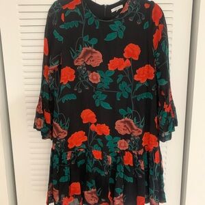 Ganni Black Dress with Red and Green Floral Design